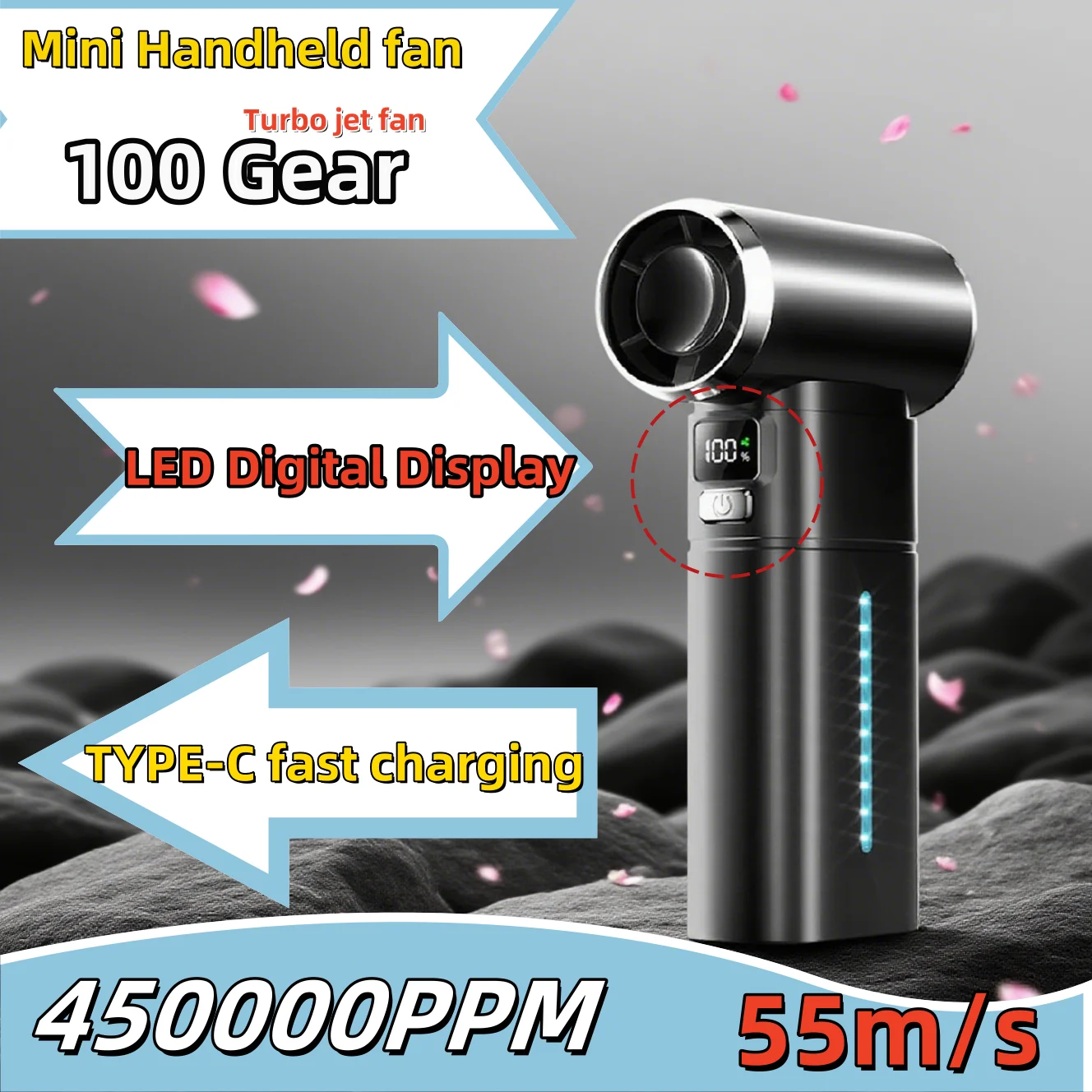 

Портативный ручной вентилятор Сильный ветер 100 передач Скорость ветра Светодиодный цифровой дисплей Регулируемый турбо Портативный уличный ручной вентилятор 6000 мАч