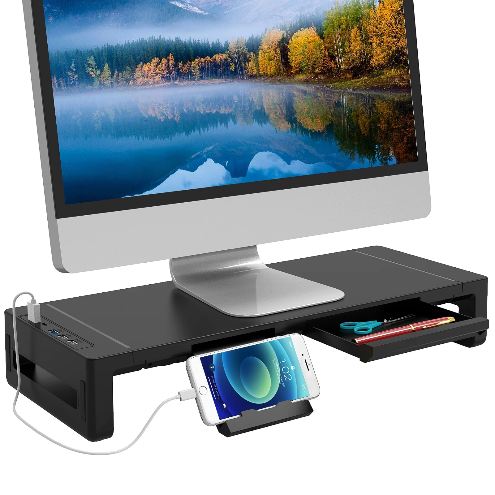Monitor Stand Riser,Desktop with Drawer,laptop camera cover slide and Computer for Desk with USB 3.0 Data Port and TYPE-C