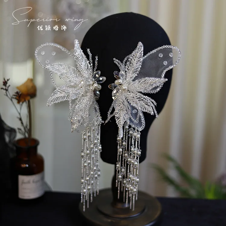 Bridal Wedding Hair Accessories White Lace Sequins Crystal Beads String Tassel Hairpin Korean Wedding Dress Handmade