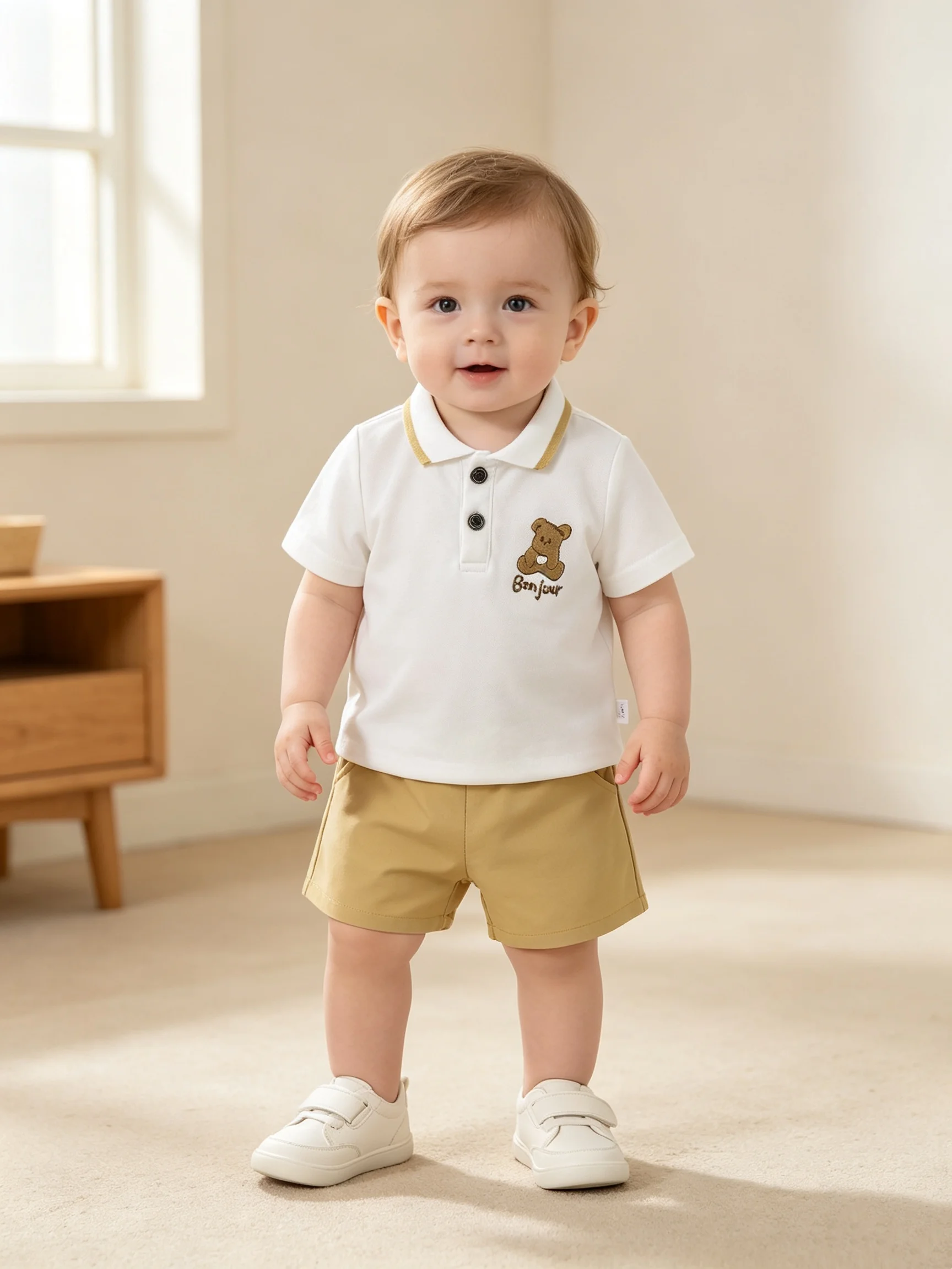 Boys Summer Polo Shirt And Khaki Shorts Set Two-Piece Contrast Collar Short Sleeve Polo Clothes for Babies