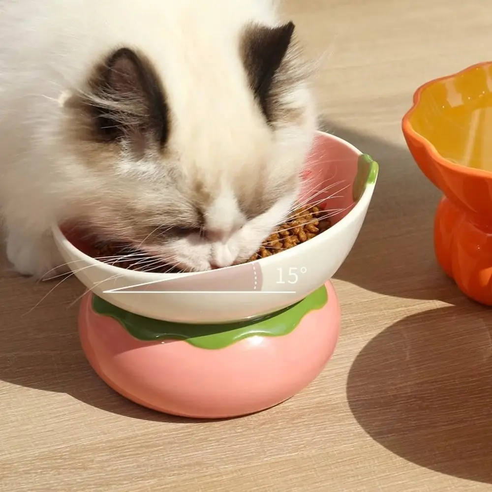 

Hand Painted Ceramic Raised Cat Bowl Fruit Series Oblique Mouth Anti Vomiting Cat Bowl High Foot Neck Protection Tilted Cat Dish