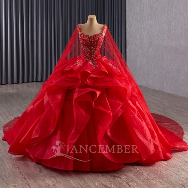 

Красное блестящее платье Quinceanera с открытыми плечами и бисером, многоуровневое тюлевое платье с накидкой для вечеринки, дня рождения, милое платье 16, Vestidos 15 De Anos