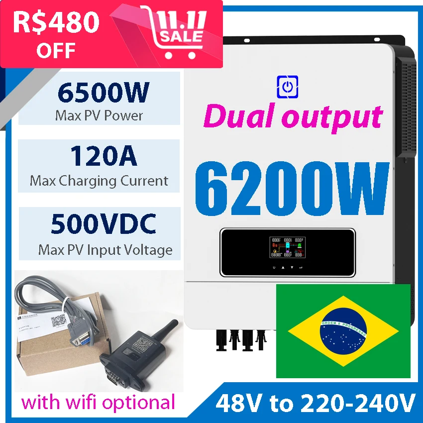 6.2KW ON/OFF Grid Hybrid Solar Inverter 48V 230V 500V Panels Input 120A MPPT Controller Dual Ouput Can Without Battery 6200W