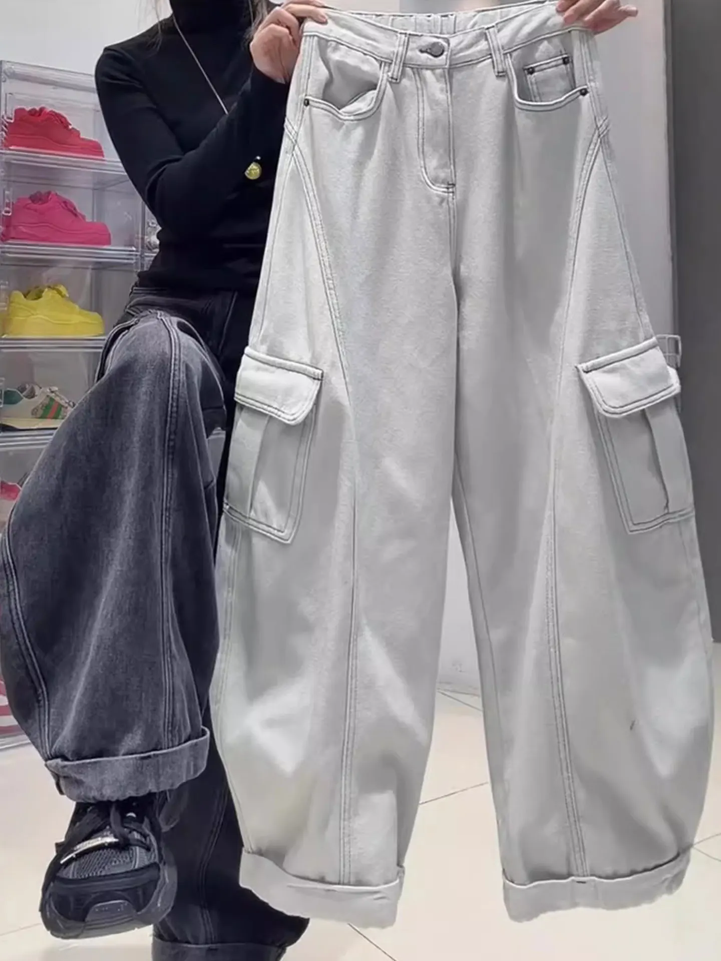 

plus Size Women's Autumn Winter Thiened Fce Workwear Jeans High Waist Wide Leg Pants Casual Loose Fit Trousers