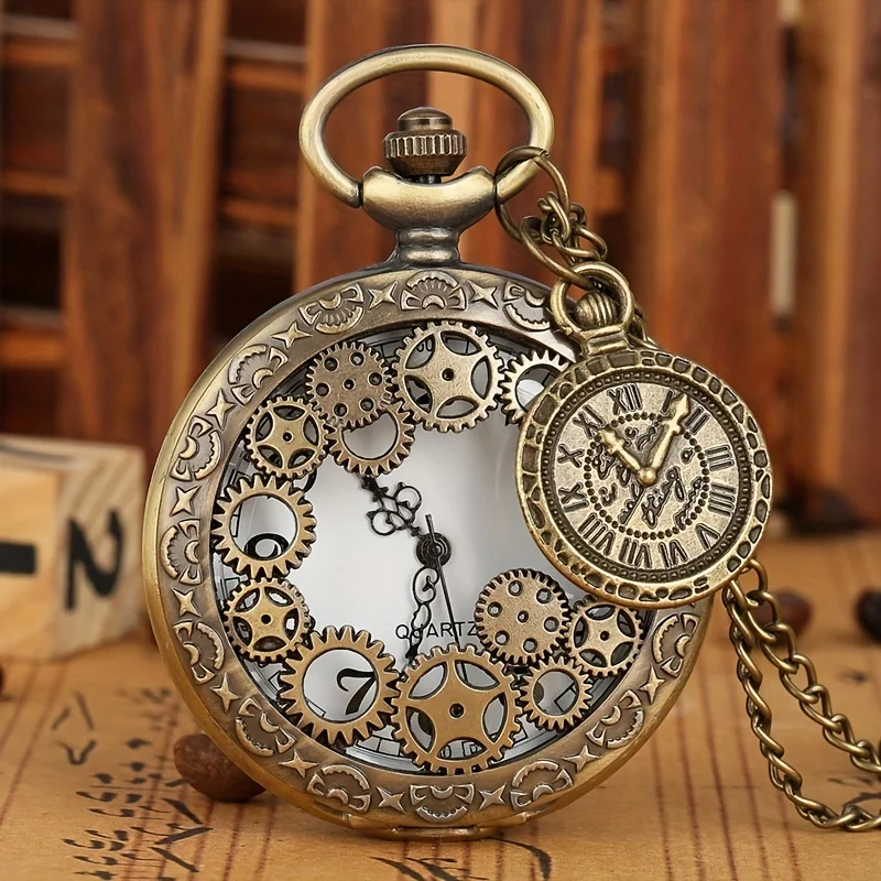 

Gear Skeleton Quartz Pocket Watch Retro Steampunk Analog Necklace Chain Watch For Women Men Father's Day Gift