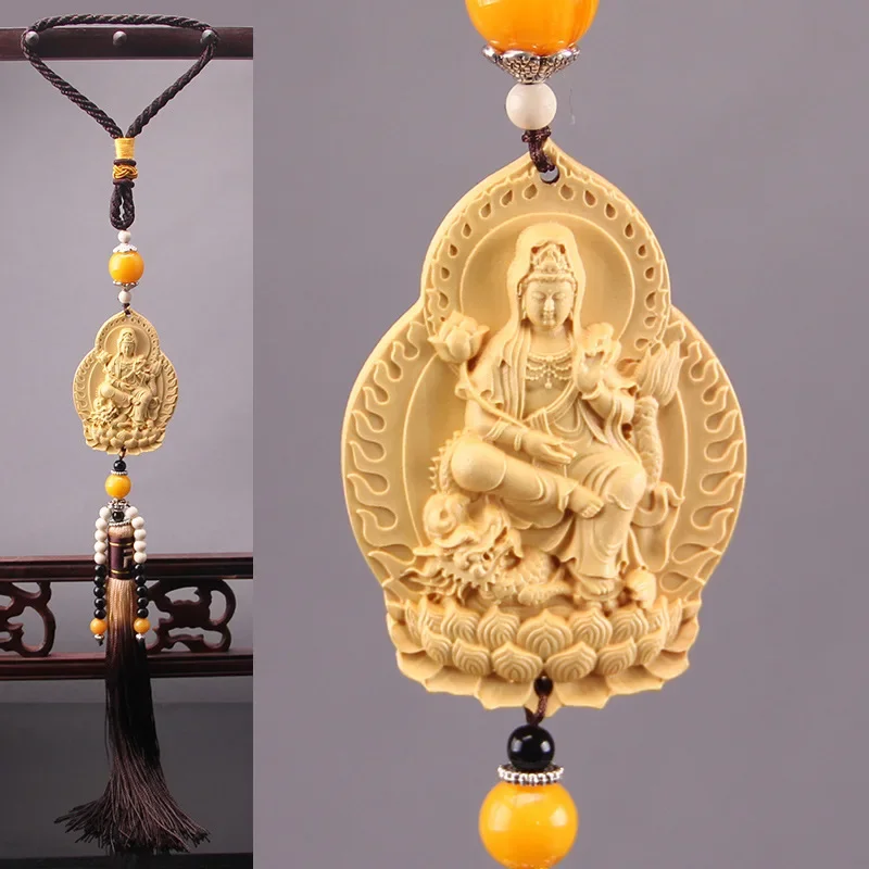 Estatuas de Buda talladas en madera, colgante para espejo retrovisor de coche, joyería Guanyin Pao Ping An Fu, bolsa escolar de alta gama, colgante para teléfono móvil