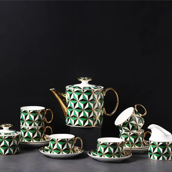 Luxury Handmade Porcelain Green Geometric Pattern Afternoon Tea Coffee Pot Cup Set