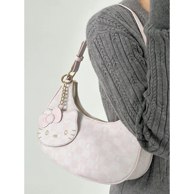 

Xiuya Pink Sweet Handbags for Women Hello Kitty Plaid Fashion Cute Cartoon Leather Shoulder Bag Kawaii Japanese Style Armpit Bag