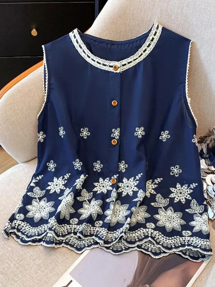 

Французский винтажный женский синий жилет без рукавов с вышивкой и принтом, топы, летняя однобортная универсальная майка с круглым вырезом в стиле бохо