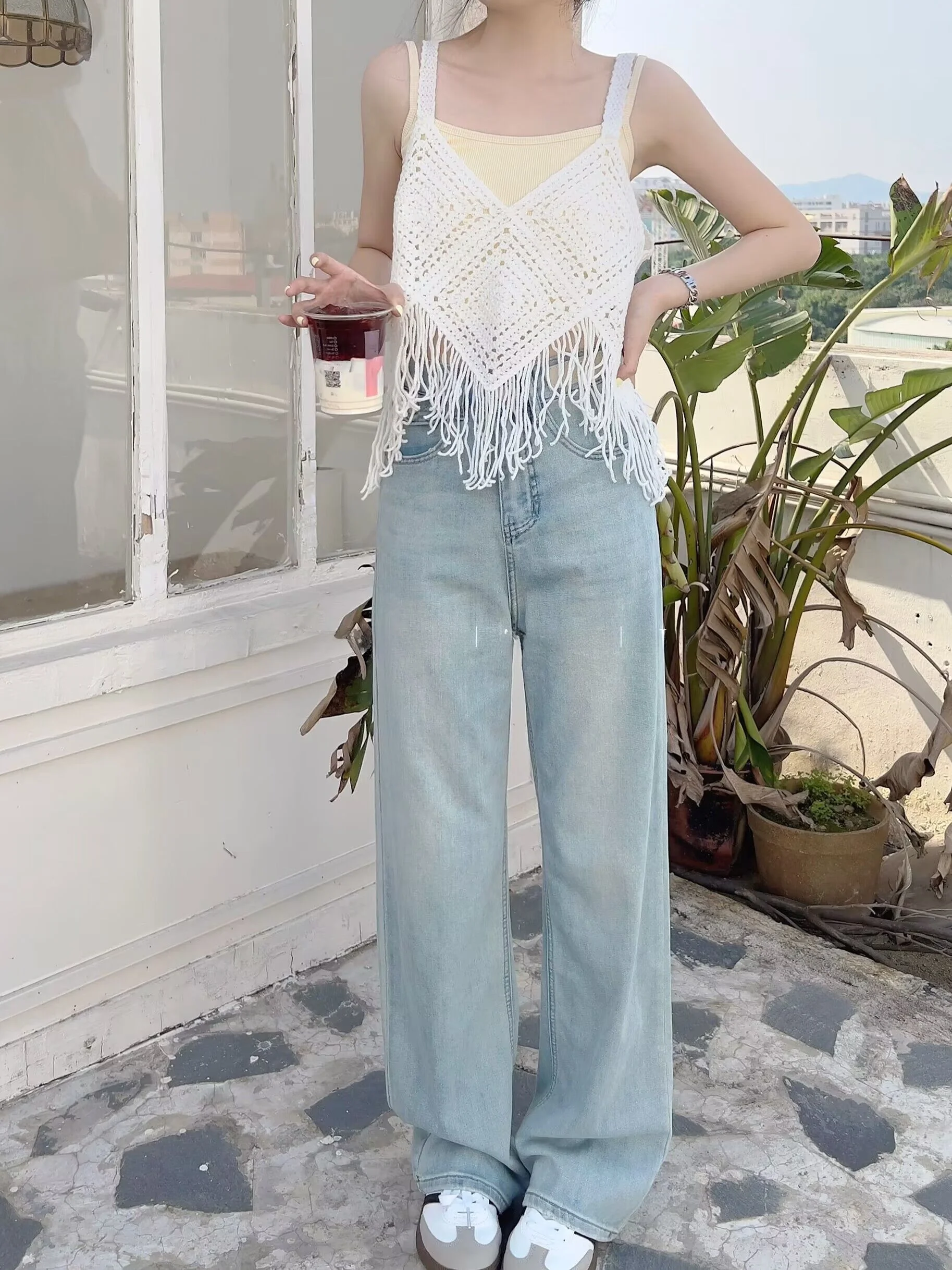 

High Waist Straight Leg Jeans Women's Summer Thin Waed Blue Denim Loose Wide Leg Floor-Length Pants Korean Sle