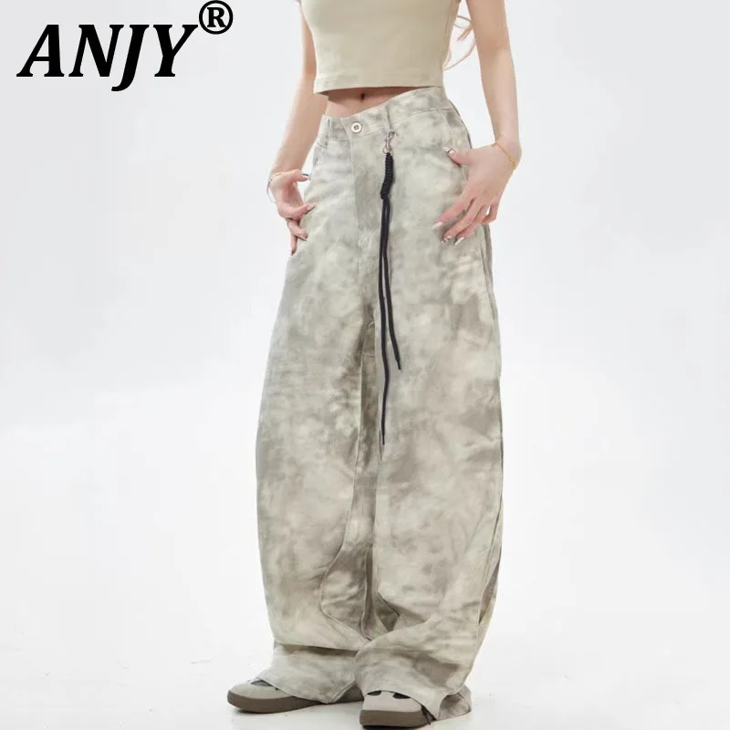ANJY 가을 겨울 여성 아메리칸 쿨 타이다이 카모플라주 카고 데님 팬츠 트렌디한 다목적 워시드 캐주얼 스트레이트 청바지 A11701