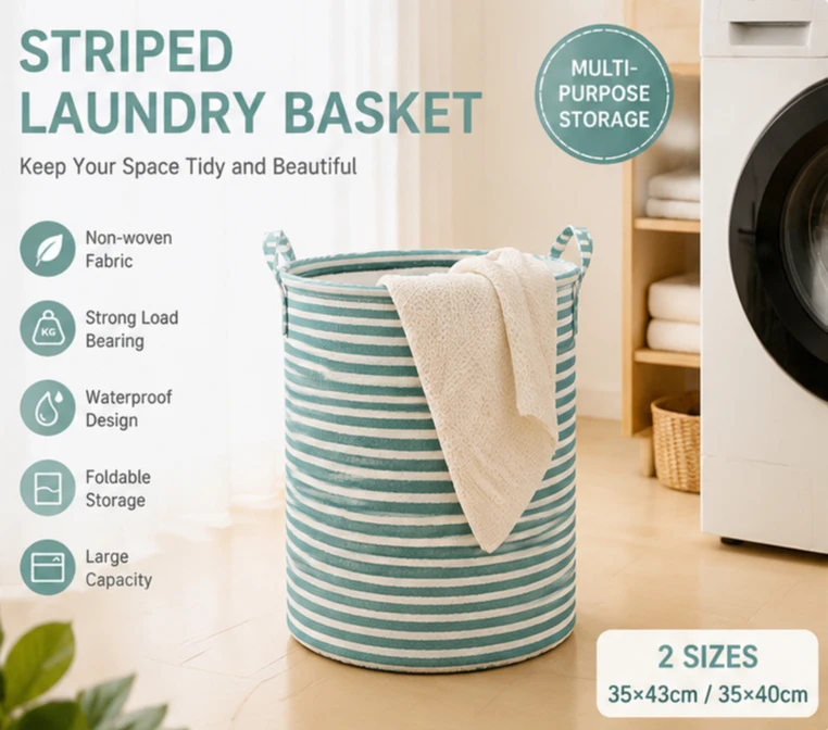 Minimalist Foldable Laundry Hamper Striped Storage Basket Clothes Toy Organizer Collapsible Basket for Bathroom Bedroom Home