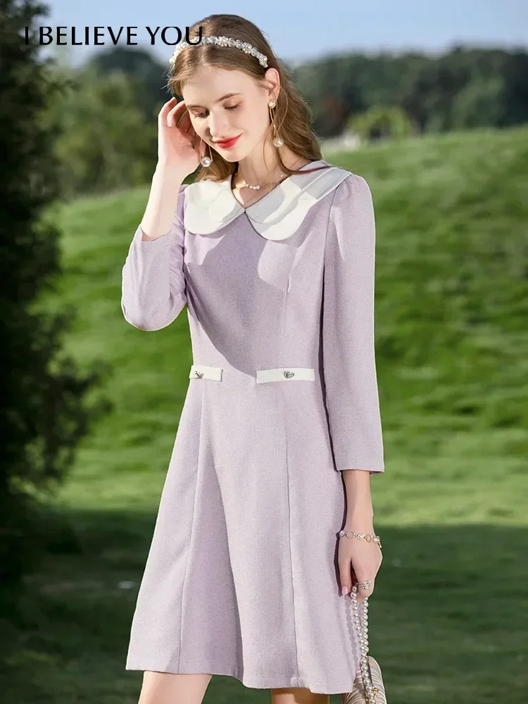 I BELIEVE YOU Autumn Elegant Dress 2024 French Chic Doll Collar Nine-quarter Sleeves Knee-length High Waist Vestido 2223094808