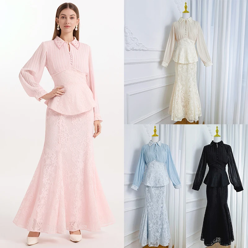

Fashionable Sweet Fish Tail Long Dress Two Piece Set Heavy Chiffon Splicing Lace Beading Elegant Style for Women 25-35 Years Old