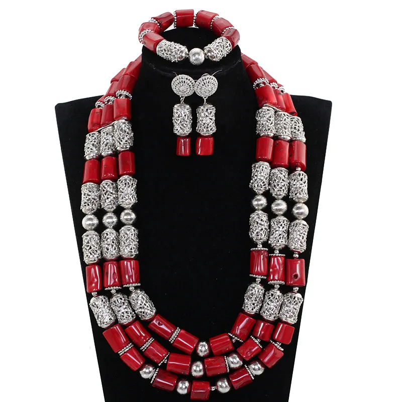 

Red Bridal Bib Statement Necklace Earrings Set Fabulous Red Wedding African Beads Jewelry Sets for Women ABH587
