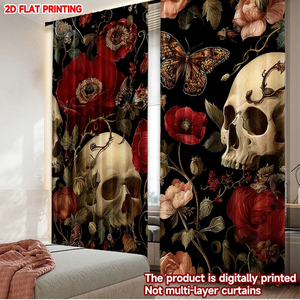 

2pcs Skull Floral Curtains , Gothic Style with Red Roses Butterflies Green Leaves on Black Background for Bold Bedroom Decor