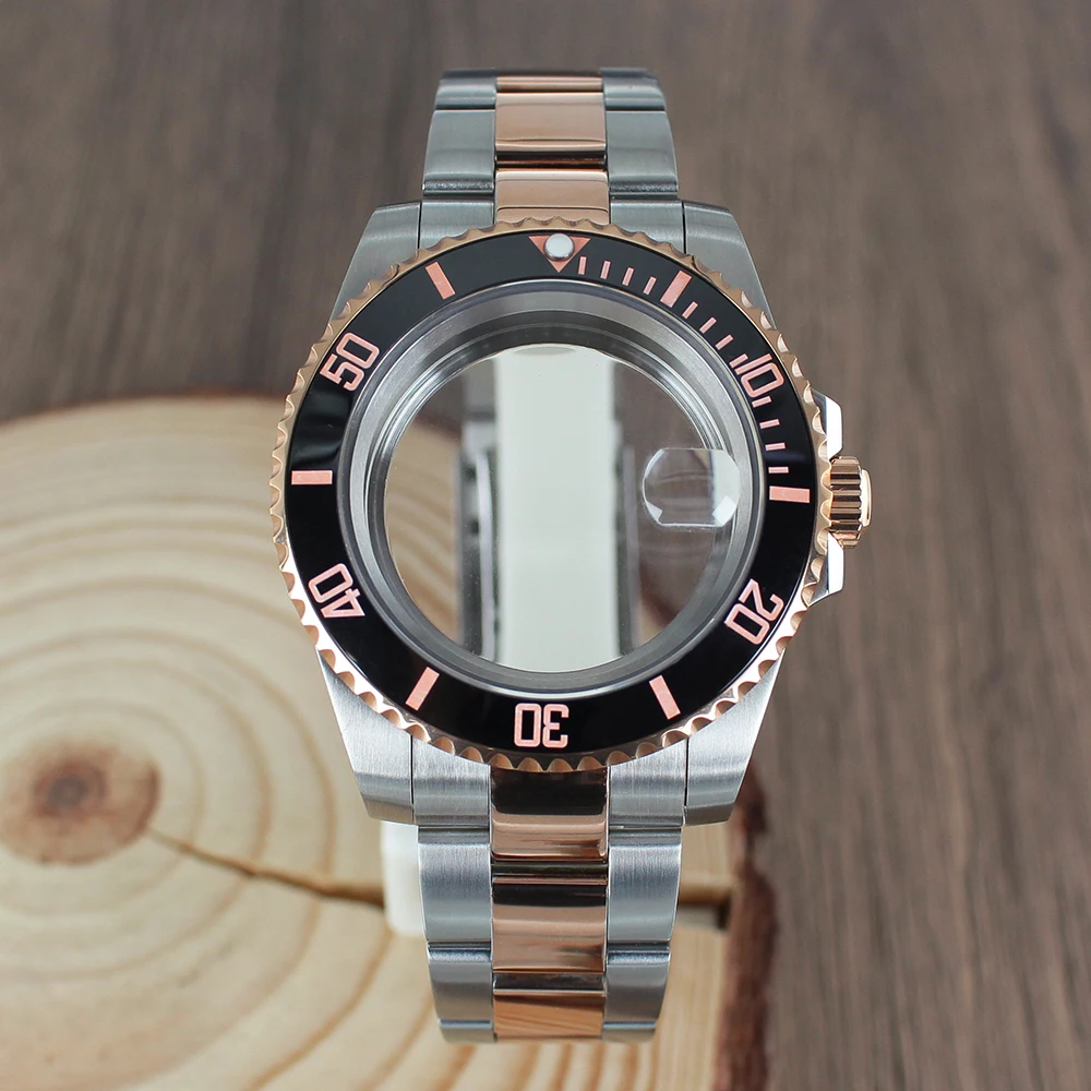 

40mm Women's NH35 SUB Rose Gold Watch Case Sapphire Glass for Seiko NH35 NH36 NH38 8215 2824 PT5000 Sliding Lock Watch Bracelet
