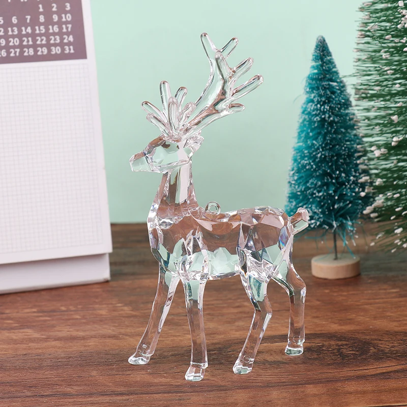 1PC Transparent Acrylic Christmas Deer Figurines Cake X-mas Tree Desktop Ornament Elk Reindeer Sculpture Home Office Decoration