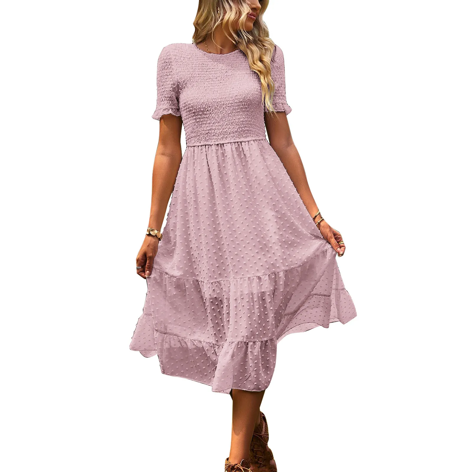 2023 New Summer Women Casual Boho Short Sleeve Jacquard Smocked Midi Dress Crew Neck Casual Tiered Dresses Vestidos Mujer