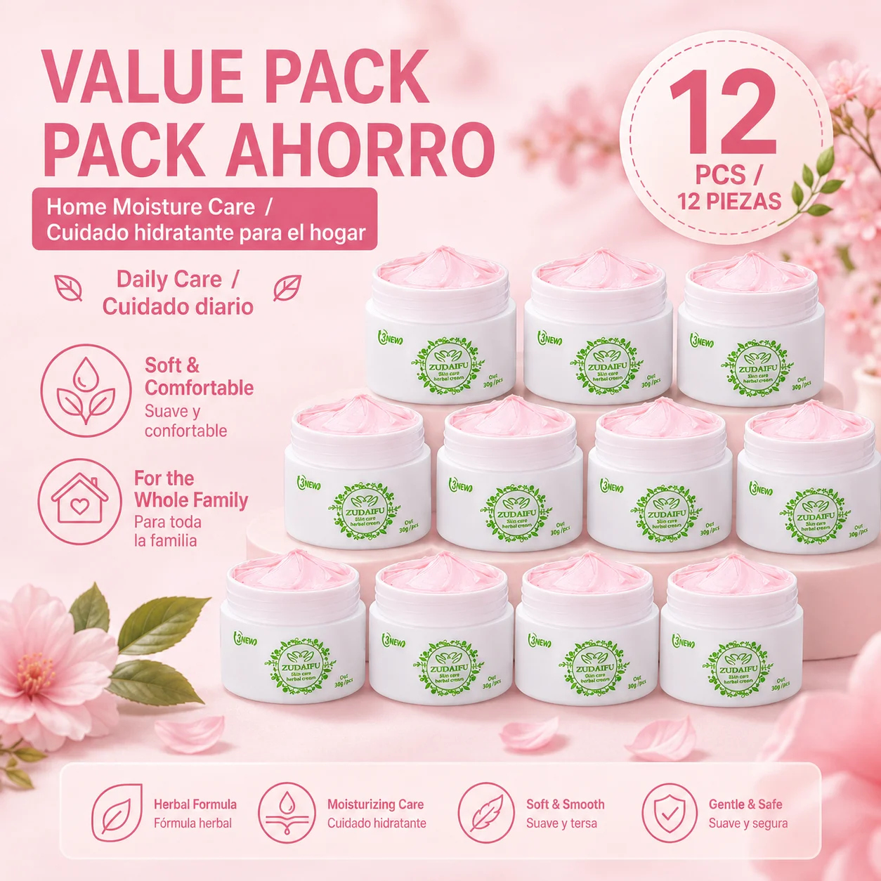 12pcs 【New date】 ZUDAIFU 3rd Generation Herbal Skin Care Cream, Buy 10 Get 2 Free, Pink Moisturizing Cream for Daily Use