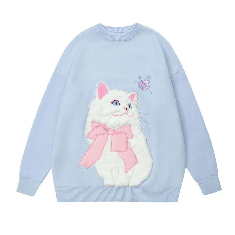 Sweet Girl Women Cartoon Sweater Cute Flocking Cat Long Sleeve O-neck Knitted Top Autumn Winter New Knitted Sweatshirt Oversized