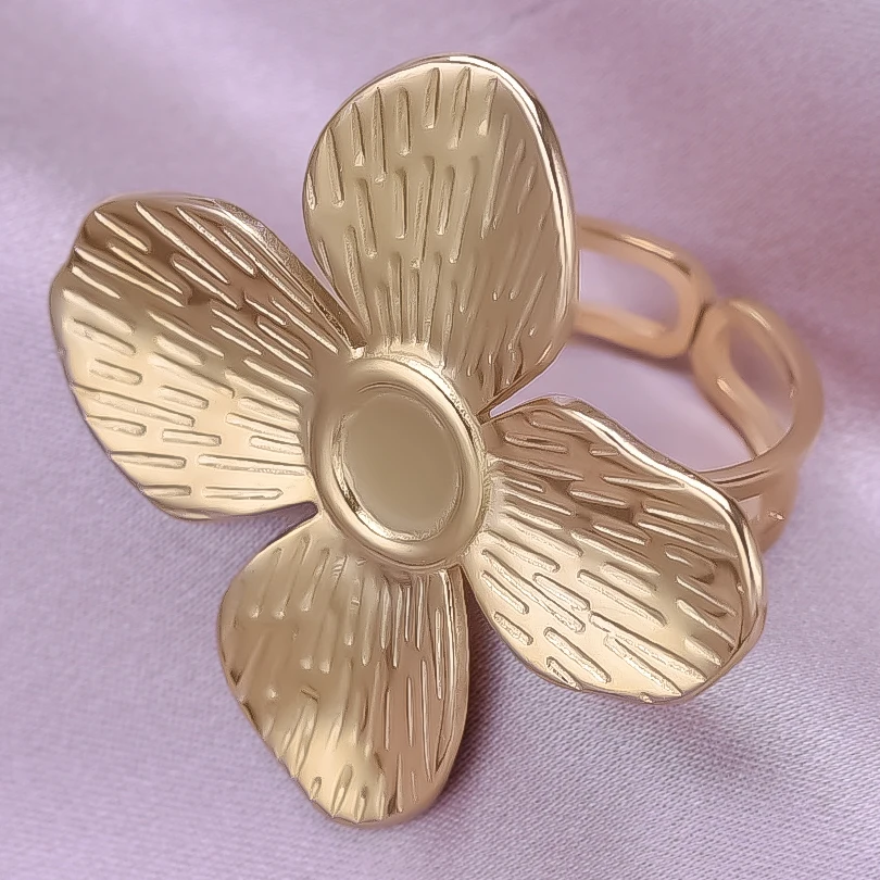 1/5pcs Real Gold Plated Open Adjustable Ring Oval Square Flower Stainless Steel Rings For Women Men DIY Stone Crystal Oil Drip