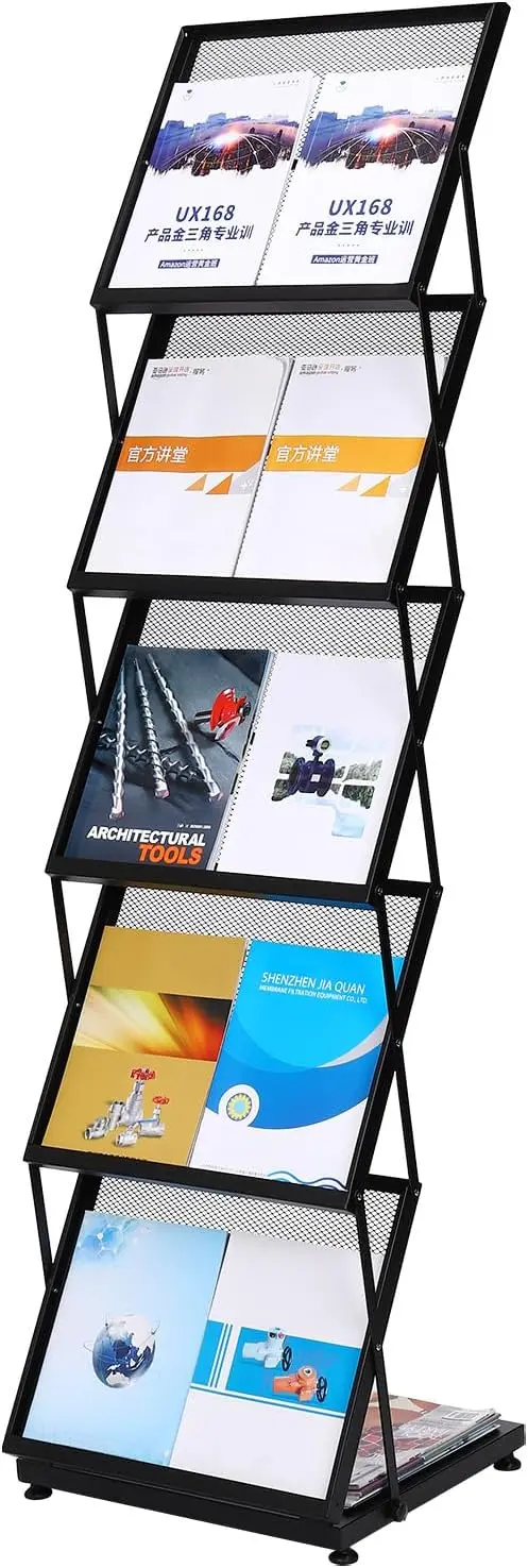 Foldable Magazine Display Racks Floor Standing 5 Layers Brochure Stand Catalog Literature Holder with Wheels for Hotel, Exhibiti