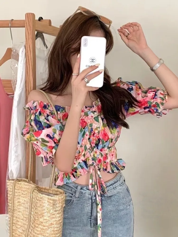

Chic Floral Print ort Bubble Sve irt Bow Tie Top Sweet Youthful Dongda Gate Sle Women's Commute Faion Spring Autumn