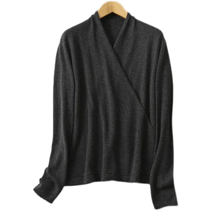 Top in lana di seta stile francese retrò maglione con scollo a v incrociato camicia da donna autunno e inverno in seta di gelso