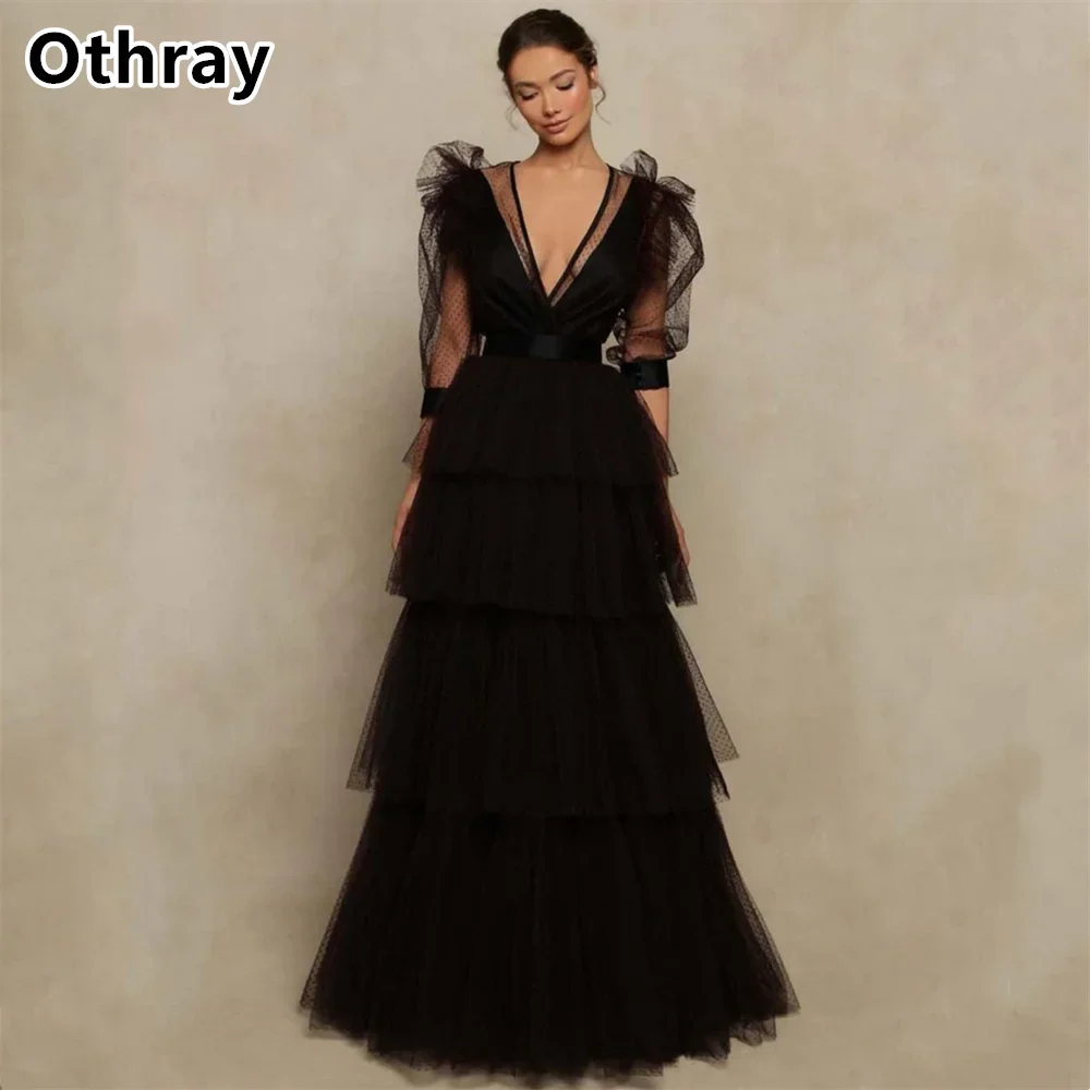 

Othray 2025 Black Evening Dress Half Long Sleeves Prom Dress A-line Party Gowns Pleats فساتين مناسبة رسمية Layer Skirt Elegant