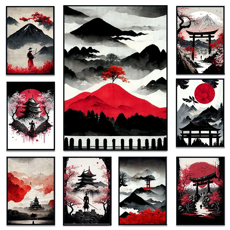 Japanese Famous Samurai Fujiyama Sakura Landscape Posters and Prints Canvas Printing Wall Art Picture for Living Room Home De