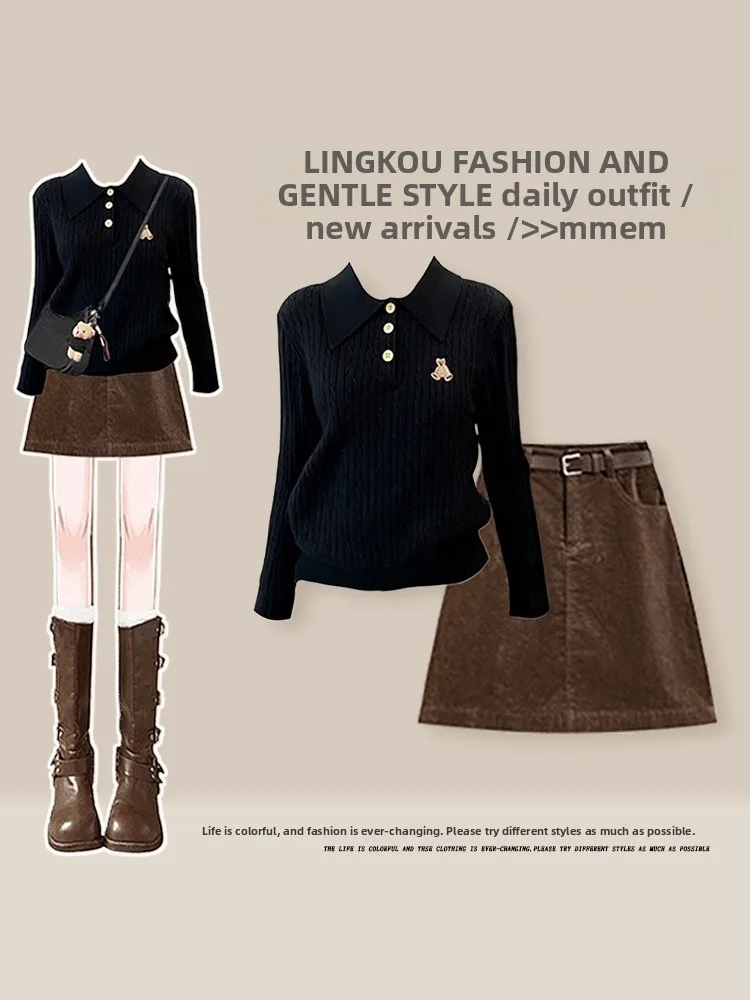

American Style Knitted Bear Sweater And Short Skirt Two-Piece Set for Women Casual Slimming High Waist Short Skirt