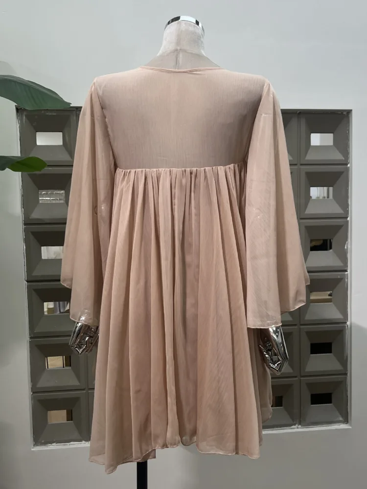 DFDG 2025 SS Vestido de gasa fluido para mujer Boho Cottagecore Vestido corto de corte A minimalista para vacaciones con lazo y faja con cuello Peter Pan Vestido de playa