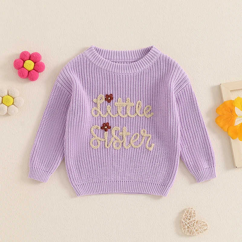 EWODOS Sister Matching Sweater Baby Girl Letter Floral Embroidery Pullover Long Sleeve Crew Neck Knit Sweater Baby Autumn Clothe