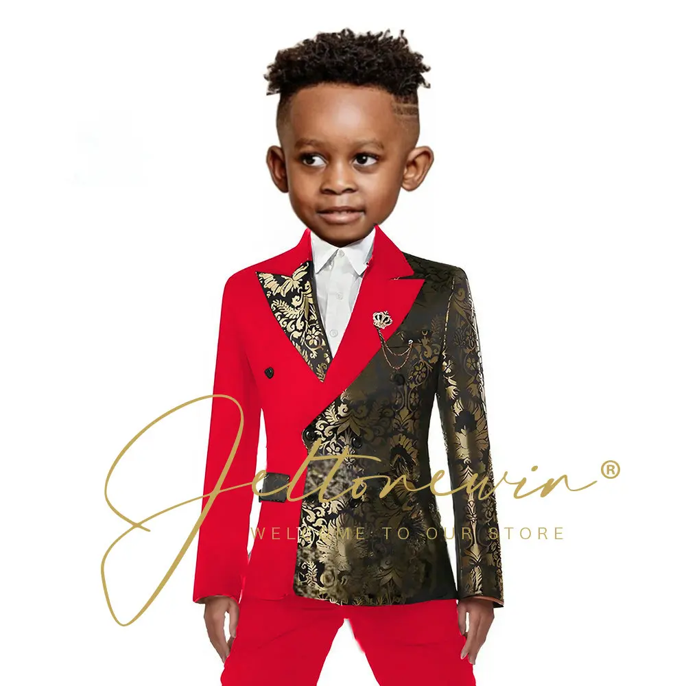 Black Gold Floral Boys Suit Jacket Pants 2 Pieces Wedding Tuxedo Kids Blazer Set Slim Fit Double Breasted Clothes for Child