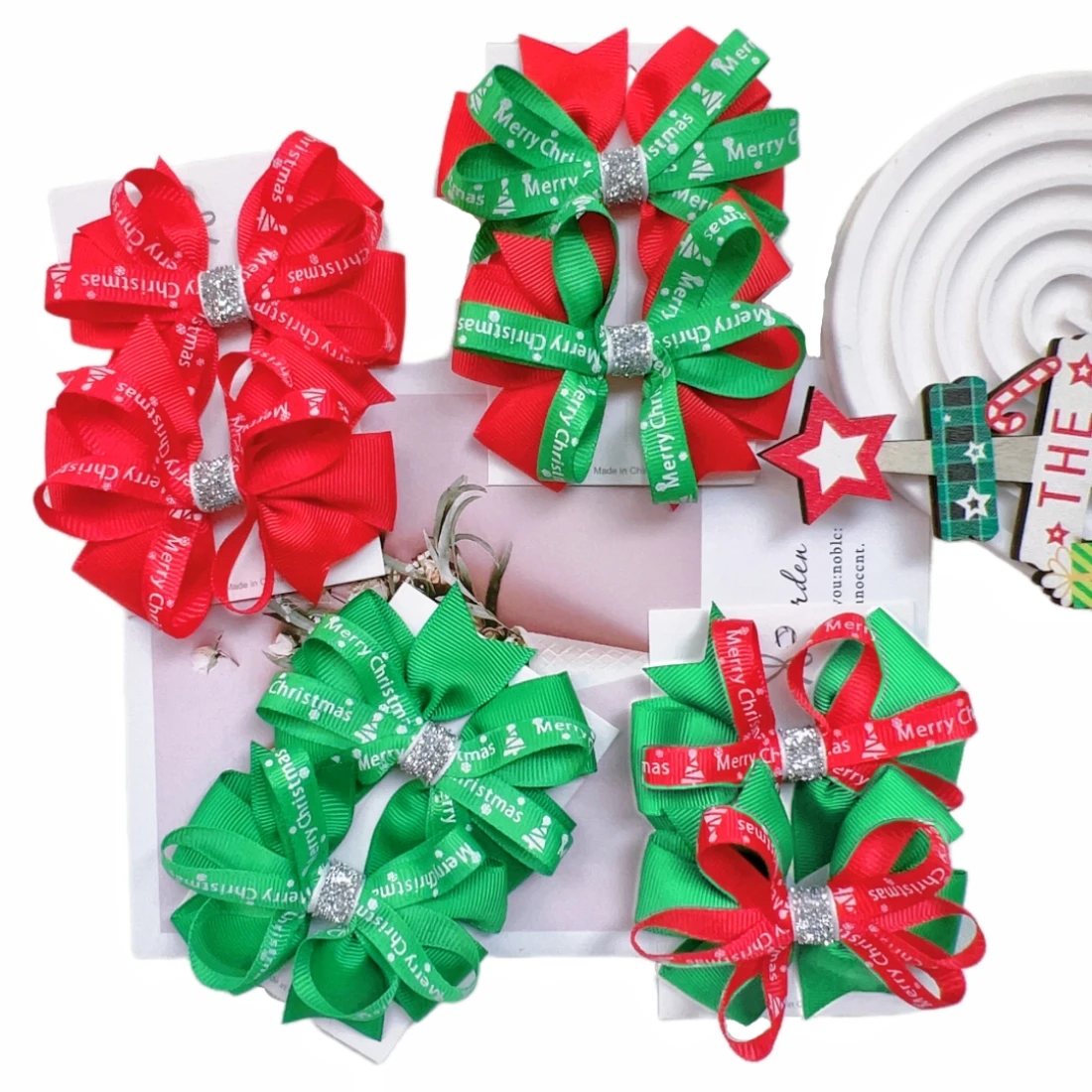 

Детские рождественские заколки для волос с бантиками, боковые зажимы, бант из кожи аллигатора, Рождество, Новый год, праздничные декоративные детские головные уборы, 10 шт.