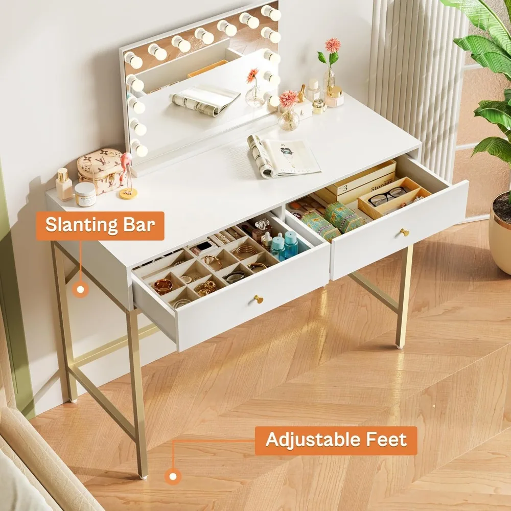 Modern White and Gold Vanity Desk with 2 Drawers, Compact Makeup Desk, Home Office Writing Desk for Small Spaces