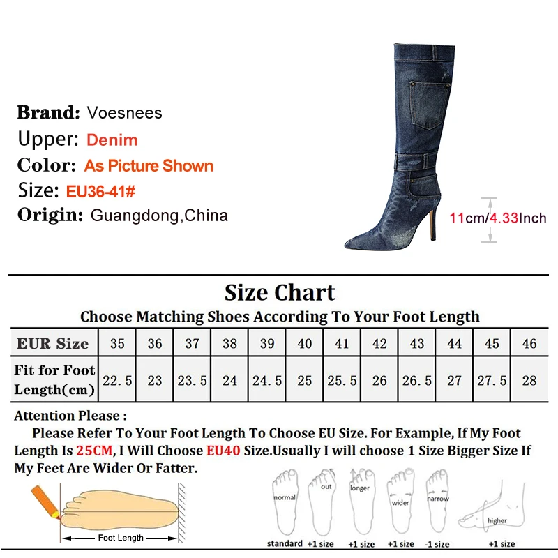 Thin Heel Denim Boots For Women 2024 New Spring Autumn Pointed Toe Jean Shoes Large Size 41 Stiletto High Heels Knee-High Boots