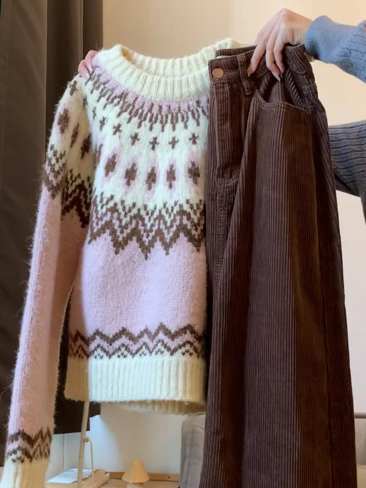 Thiened Pink Fair Isle Maglieria da donna rotonda Ne Abbigliamento interno Top Winter Faion Coreano Sle Vestibilità regolare Colore