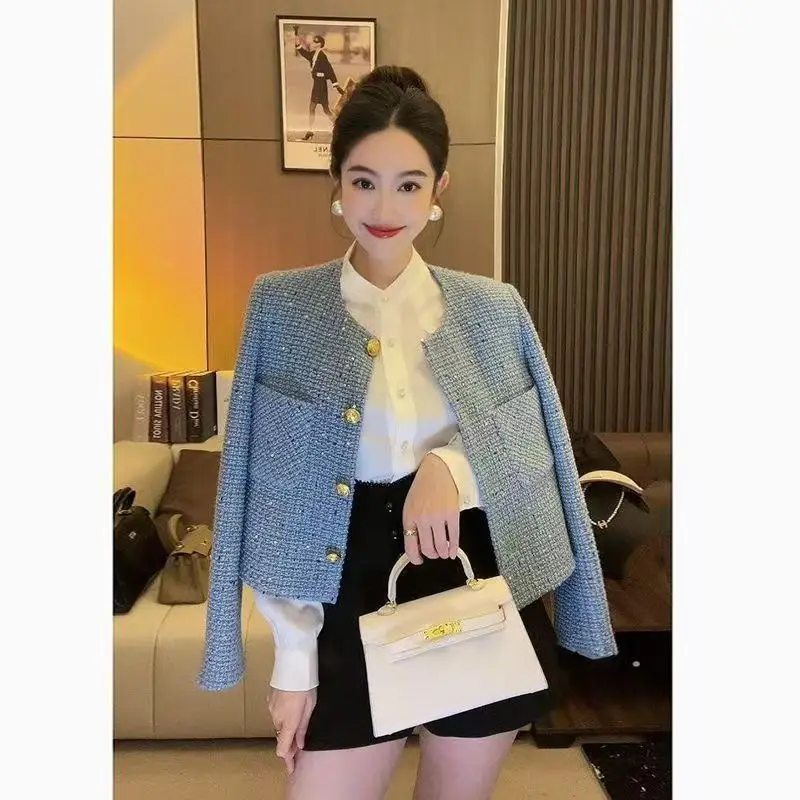 Korean Style French Style Short Tweed Button Cardigan Spring and Autumn New Round Neck Top Jacket