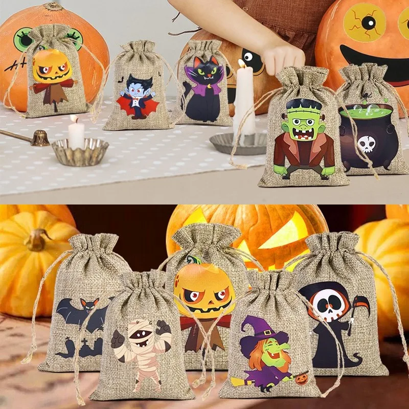 4pcs/8pcs/12pcs Halloween Linen Bun Storage Bag Halloween Pattern Candy Gift Packaging Bag Linen Drawstring Bag