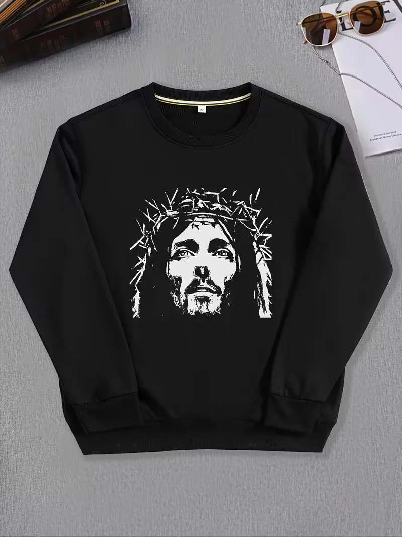 سويت شيرت رجالي برقبة دائرية، طباعة جرافيك مضحكة، هوديي برقبة دائرية للشارع الأسود للارتداء اليومي الكاجوال، أكمام طويلة لعيد الميلاد