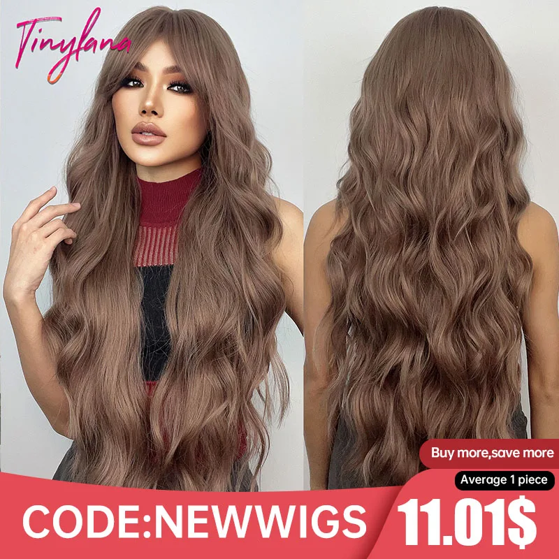 Super długie kręcone czekoladowo-brązowe syntetyczne peruki z grzywką Cosplay dla kobiet Afro Water Wave Natural Heat Resistant Wig