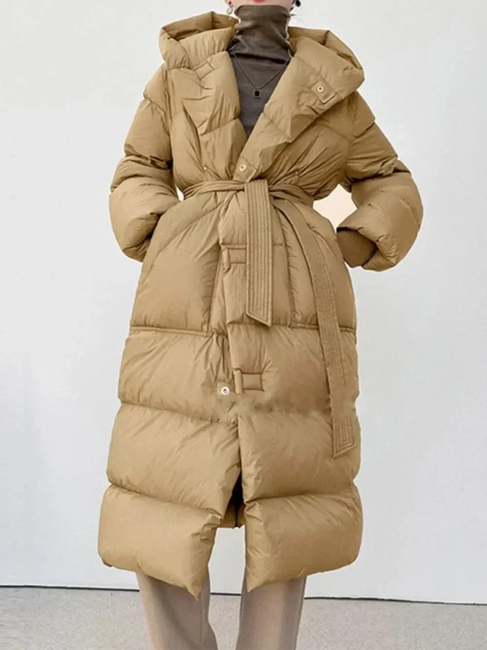 Solid Thick Warm Female Sashes Tie Up Over The Knee Coat Fashion Oversize Hooded New White Duck Down Winter Puffer Jacket Women