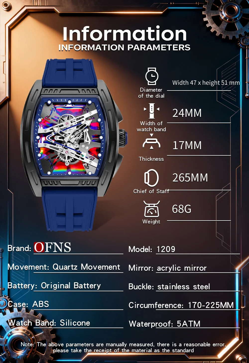 OFNS 1209 موضة الأصلي تونيو الملونة الهاتفي مقاوم للماء تاريخ ساعة اليد كوارتز حركة الساعات للرجال Reloj Hombre-2