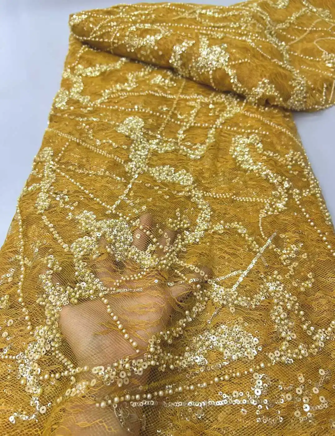 

2025 Nigerian Beaded Embroidery Lace High Quality French Net Sequins Tulle African Lace Fabric for Luxury Wedding Party Women