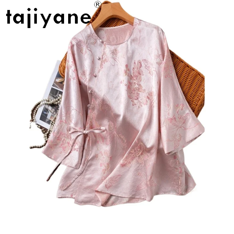 

TAJIYANE 100% Real Mulberry Silk Blouse Woman Elegant Pink Jacquard Shirt New Chinese Style Spring Tops 2026 Women Clothes トップス