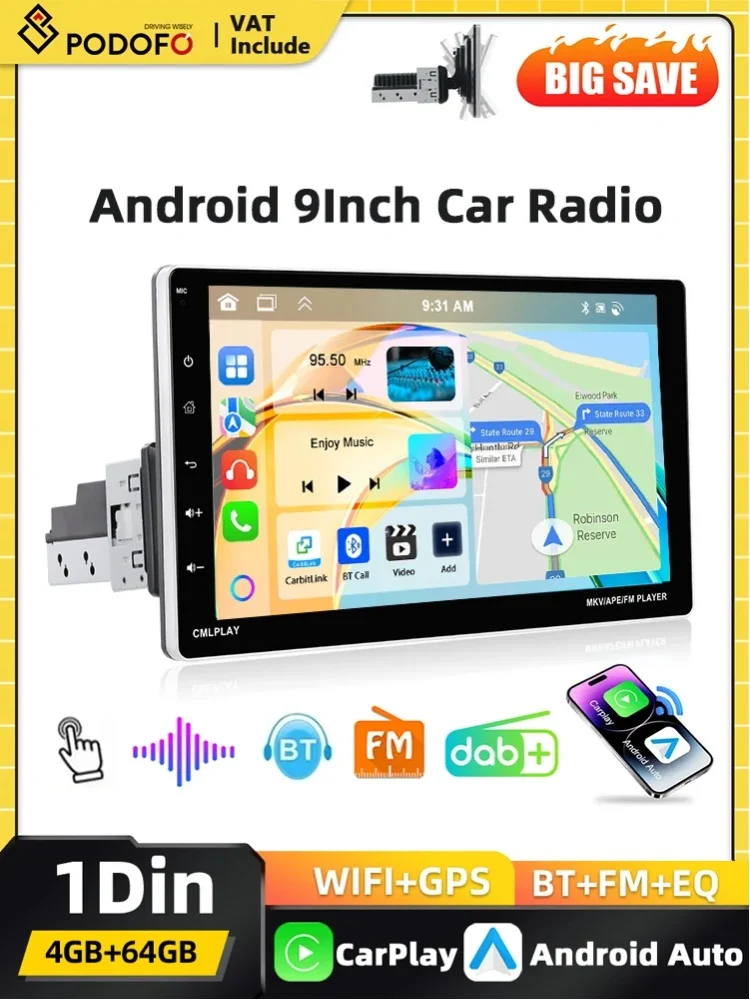 Podofo 9'' Abnehmbarer Bildschirm Android 1-DIN Autoradio Carplay Bluetooth EQ FM-Radio Mirror Link Auto-Multimedia-Player mit TF/USB-Unterstützung und Rückfahrkamera