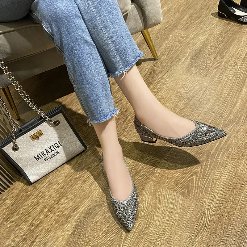 2023 Designer Woman Trafa Shoes Crystal Pumps Low Heeled Party Bride Wedding Shoes Female Sequin Loafers Ladies Dress High Heels