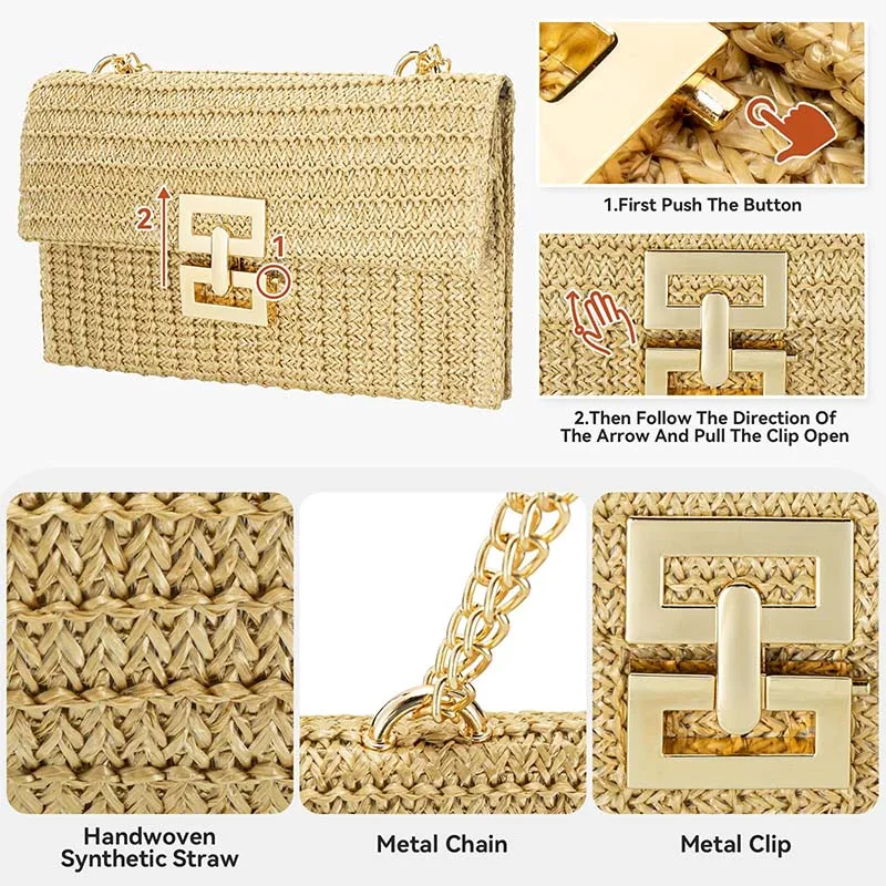 Envelope Straw Handbag for Women Trend 2024 Summer Beach Hand-Woven Shoulder Bags Chain Messenger Purse Wallet sac de luxe femme